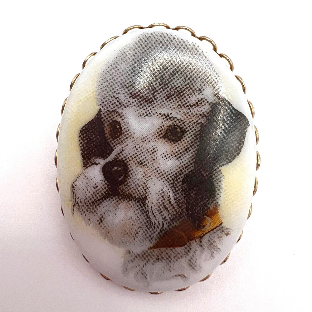 Vintage Schnauzer Poodle Dog Portrait Brooch Gold Tone Framed Oval Ceramic Pin